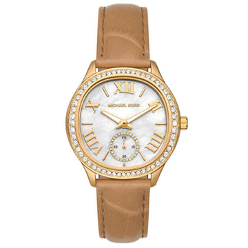 Γυναικείο ρολόι Michael Kors Sage MK4819 με καφέ δερμάτινο λουράκι και άσπρο φίλντισι καντράν 38mm με ζιργκόν.